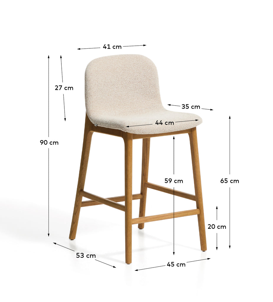 Taburet Elnor de xenilla beix i potes de fusta massissa de roure acabat natural 65 cm