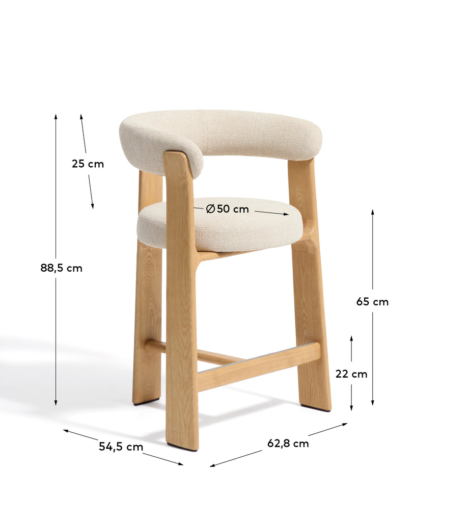 Tabouret Granite 3 pieds en chenille beige et bois de frêne avec finition ton naturel FSC 100 % 65 cm 