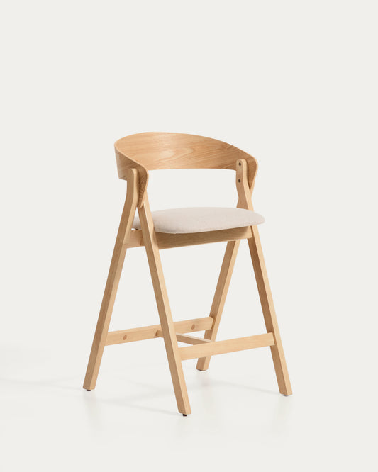 Tabouret Godia en placage de chêne avec finition ton naturel et chenille beige