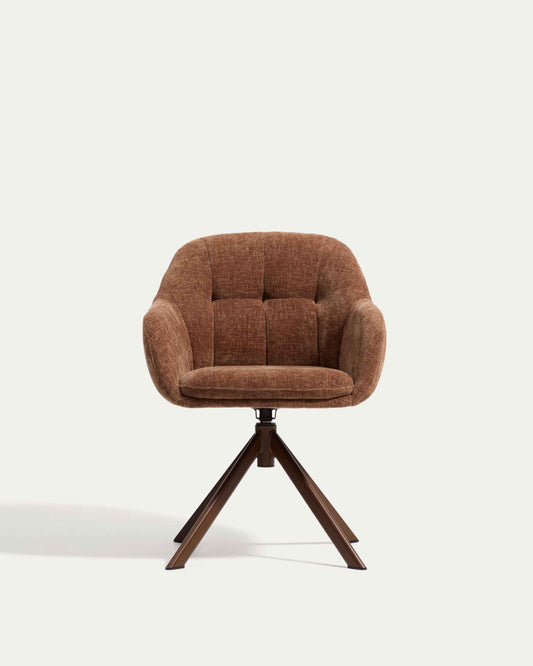 Chaise pivotante Dorina en tissu chenille caramel et pieds en acier finition caramel