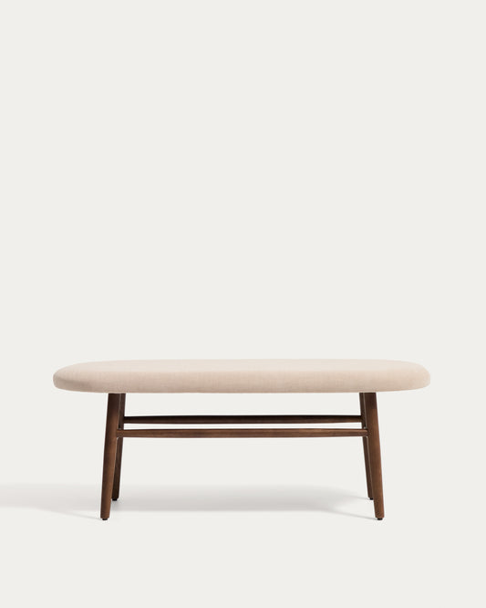 Banco Helda de chenilla marrón y madera maciza de roble acabado nogal FSC Mix Credit 122 cm 