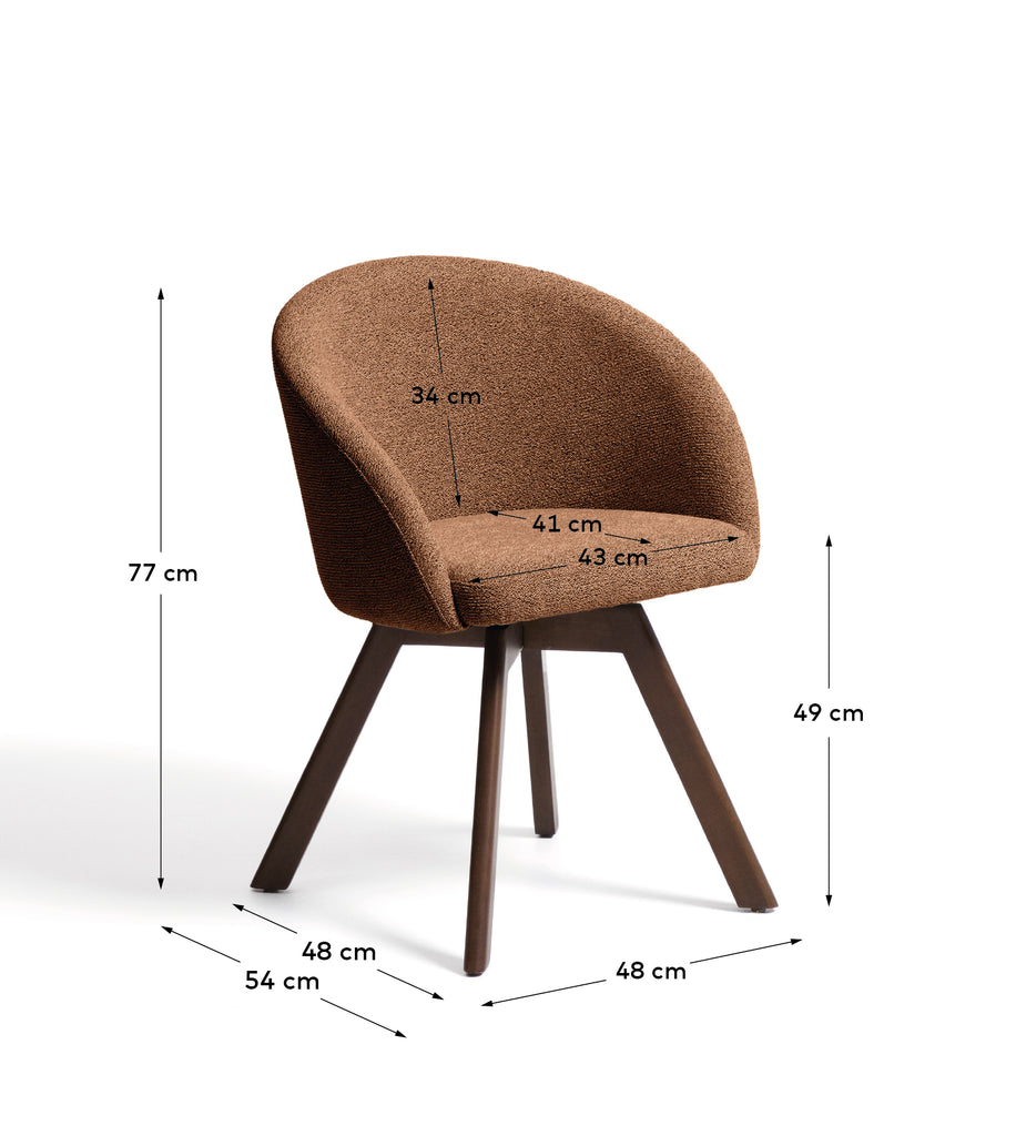 Silla giratoria Marvin chenilla terracota y patas de madera maciza de haya acabado nogal FSC 100%