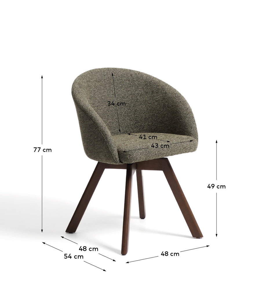 Silla giratoria Marvin chenilla verde y patas de madera maciza de haya acabado nogal FSC 100%