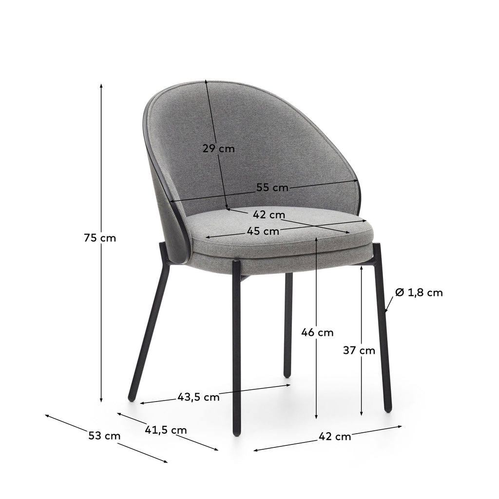 Silla Eamy de chenilla gris claro chapado en fresno con acabado negro y metal negro