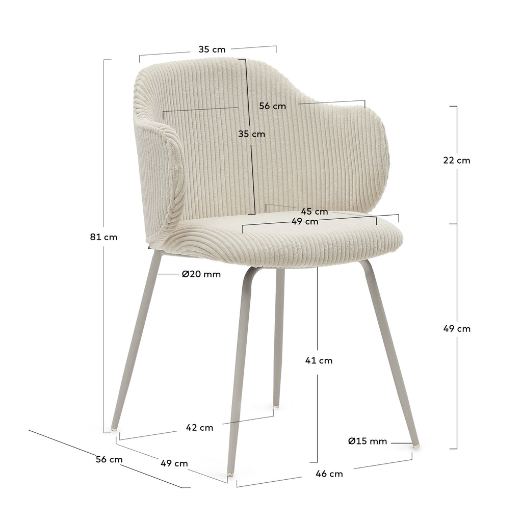 Chaise Yunia en velours grosses côtes beige avec pieds en acier finition peinture beige FSC 100%