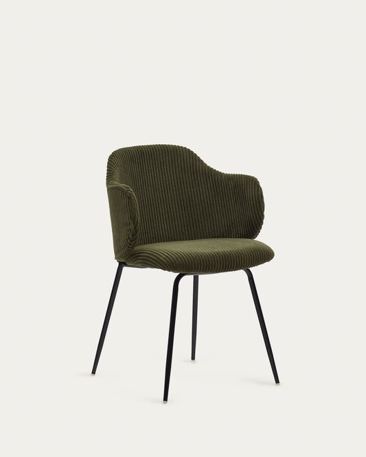 Chaise Yunia en velours grosses côtes vert avec pieds en acier finition peinture noire FR