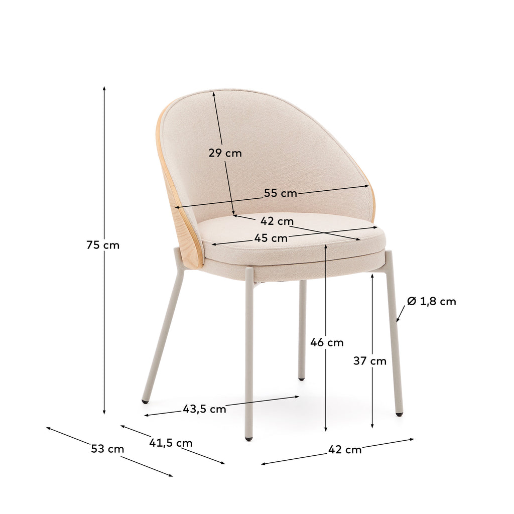 Chaise Eamy en chenille beige, placage de frêne avec finition naturelle et métal beige
