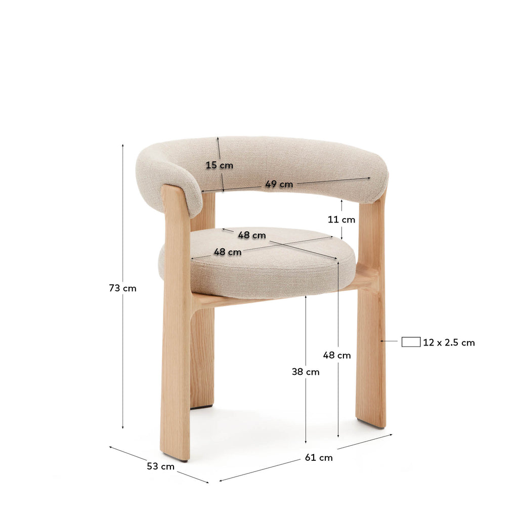 Silla Granite de 3 patas de chenilla beige y madera maciza fresno acabado tono natural FSC 100%