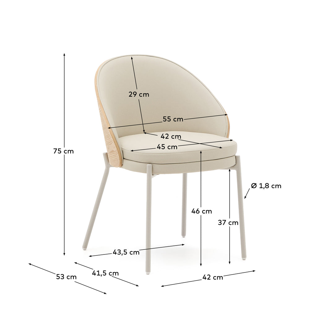 Silla Eamy de poliuretano beige, chapado en fresno con acabado natural y metal beige
