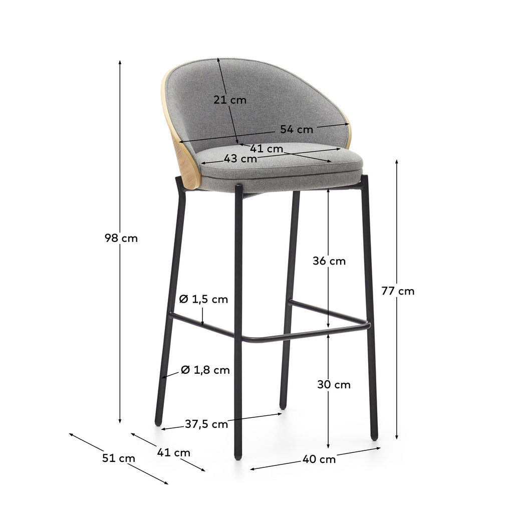 Tamboret Eamy xenilla gris clar xapat en freixe amb acabat natural i metall negre altura 77 cm