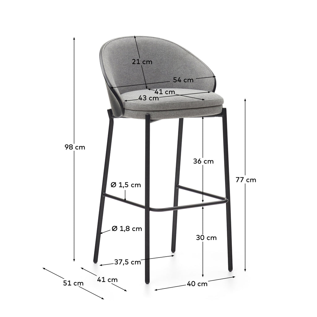 Tamboret Eamy xenilla gris clar xapat en freixe amb acabat negre i metall negre altura 77 cm