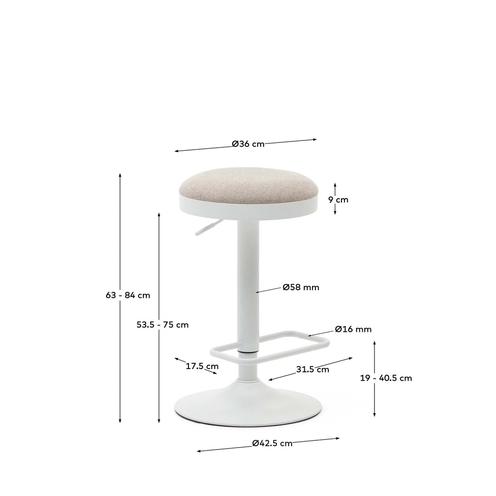 Tabouret Zaib en chenille beige et acier blanc mat hauteur 63-84 cm FSC 100%