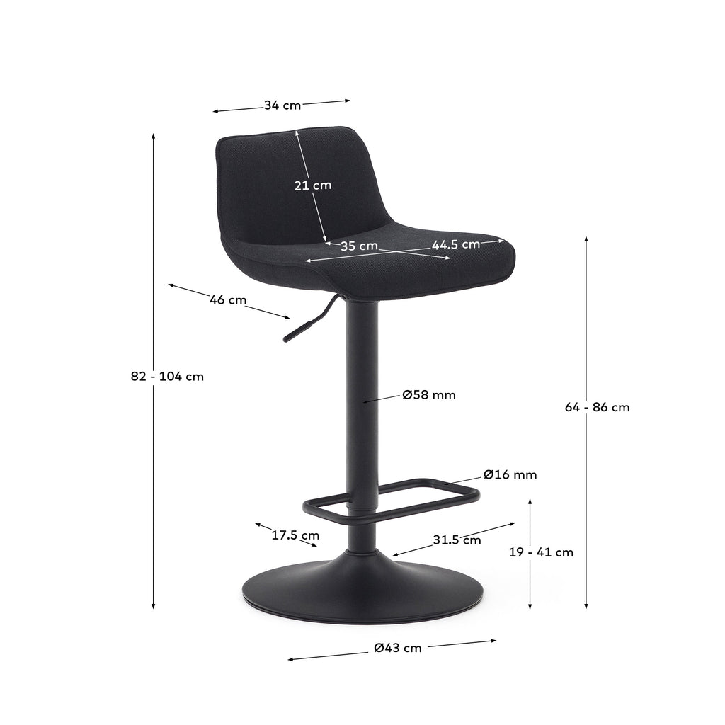Tabouret Zenda en chenille noir et acier noir mat hauteur  81-102 cm FSC 100%