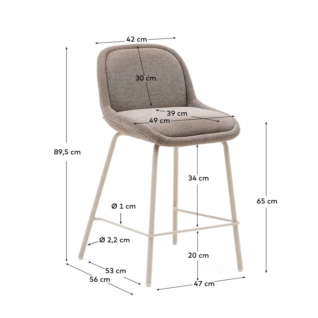 Taburete Aimin de chenilla marrón claro y patas de acero pintado beige 65cm FSC Mix Credit