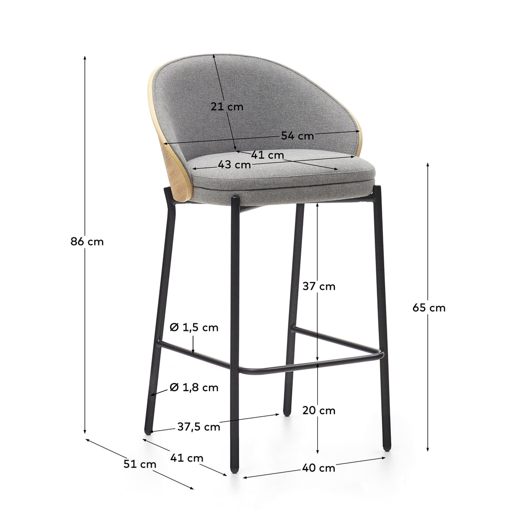 Tamboret Eamy xenilla gris clar xapat en freixe amb acabat natural i metall negre altura 65 cm