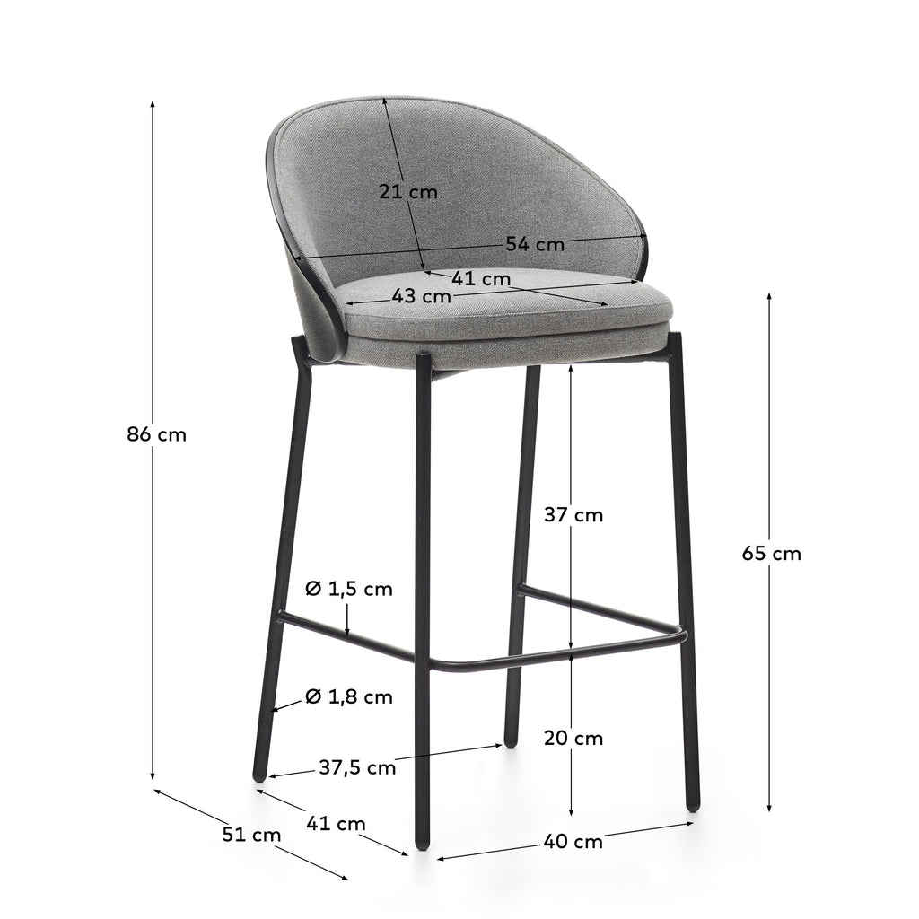 Tabouret Eamy en tissu chenille gris clair placage de frêne finition noire et métal noir hauteur 65 cm