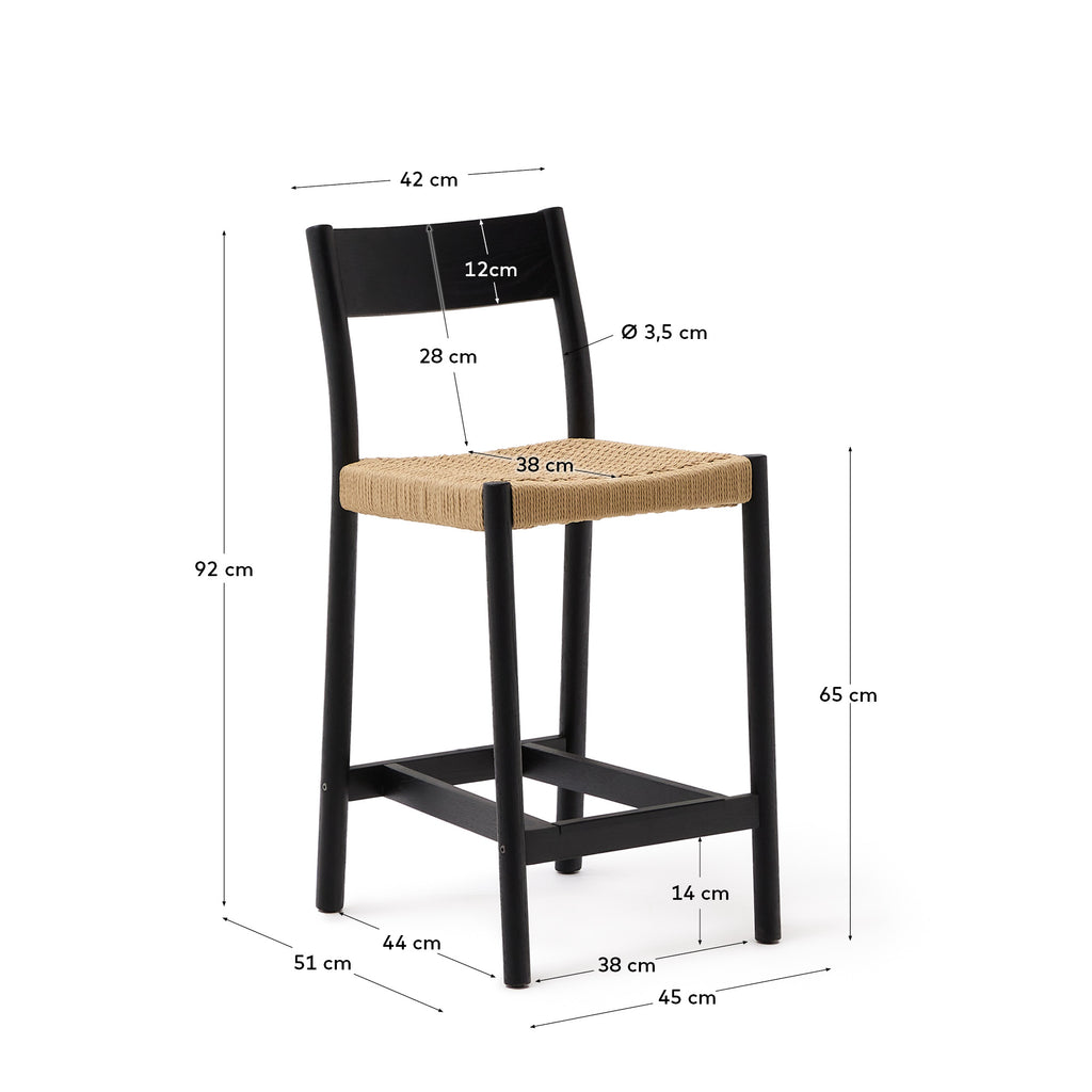 Taburete Yalia respaldo madera maciza roble acabado negro y asiento de cuerda 65cm FSC100%