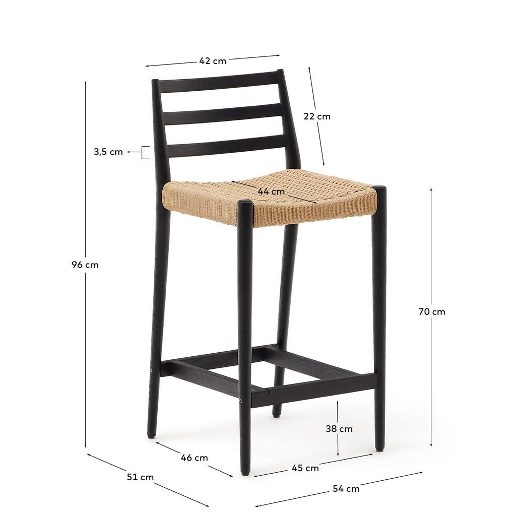 Taburete Analy respaldo madera maciza roble acabado negro y asiento de cuerda 70cm FSC100%