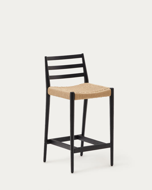 Taburete Analy respaldo madera maciza roble acabado negro y asiento de cuerda 70cm FSC100%