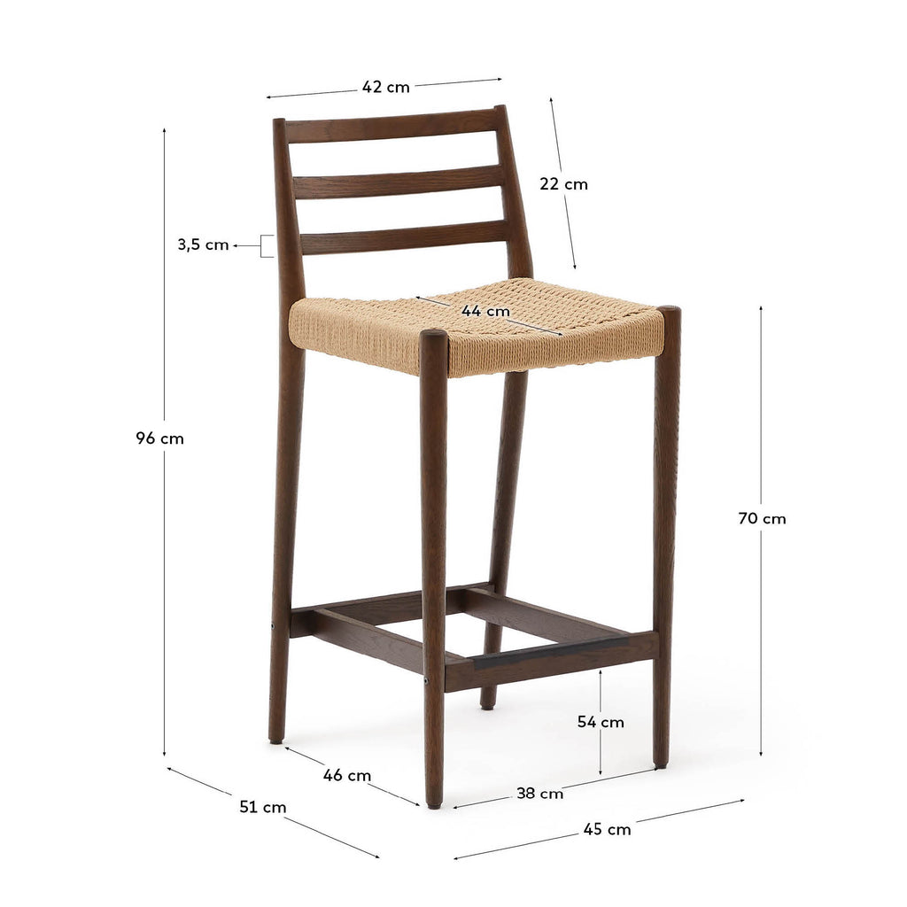Taburete Analy respaldo madera maciza roble acabado nogal y asiento de cuerda 70cm FSC100%