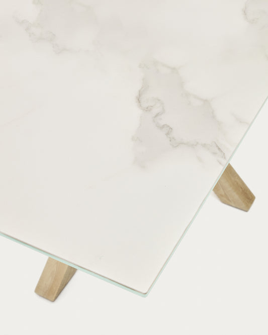 Mesa Argo porcelánico blanco y patas de acero efecto madera 200 x 100 cm