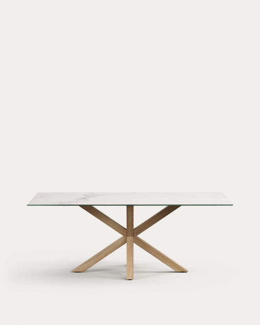 Mesa Argo porcelánico blanco y patas de acero efecto madera 200 x 100 cm