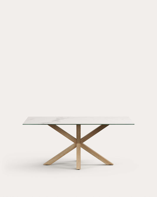 Mesa Argo de porcelánico Kalos blanco y patas de acero con efecto madera 180 x 100 cm