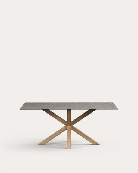 Mesa Argo de porcelánico Iron Moss y patas de acero con efecto madera 180 x 100 cm