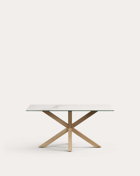 Mesa Argo porcelánico blanco y  patas de acero efecto madera 160 x 90 cm
