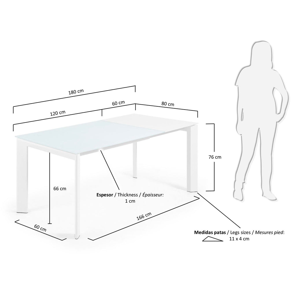 Taula extensible Axis de cristall blanc i potes d'acer acabat blanc 120 (180) cm