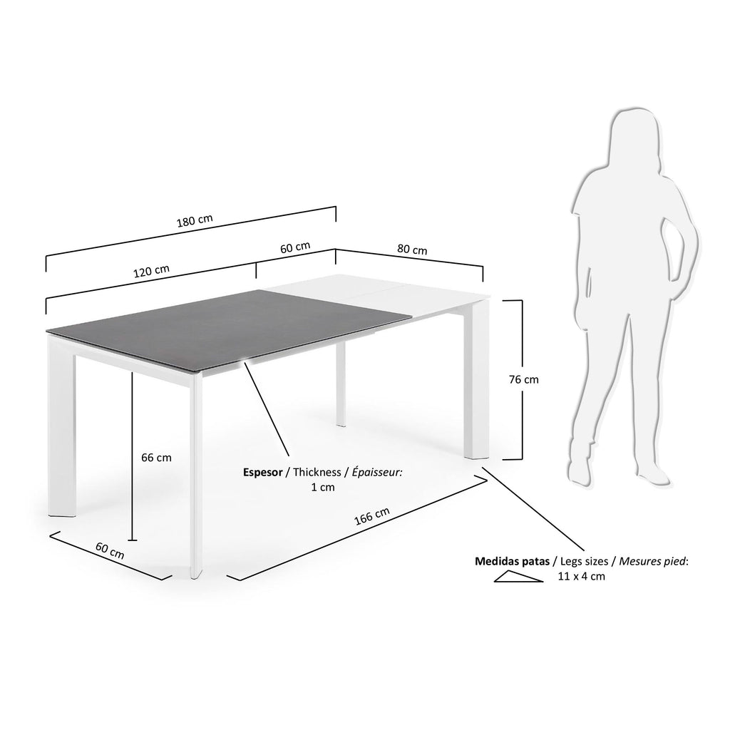Taula extensible Axis porcellànic acabat Vulcano Roca i potes acer blanc 120 (180) cm