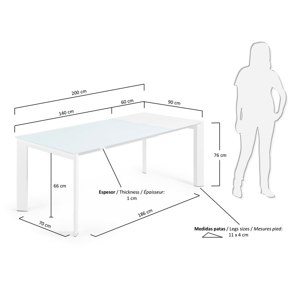 Mesa extensible Axis de cristal blanco y patas de acero acabado blanco 140 (200) cm