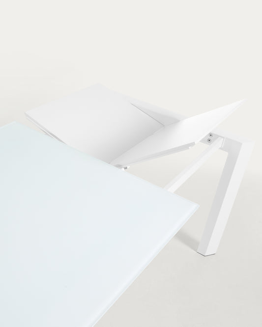 Taula extensible Axis de cristall blanc i potes d'acer acabat blanc 140 (200) cm