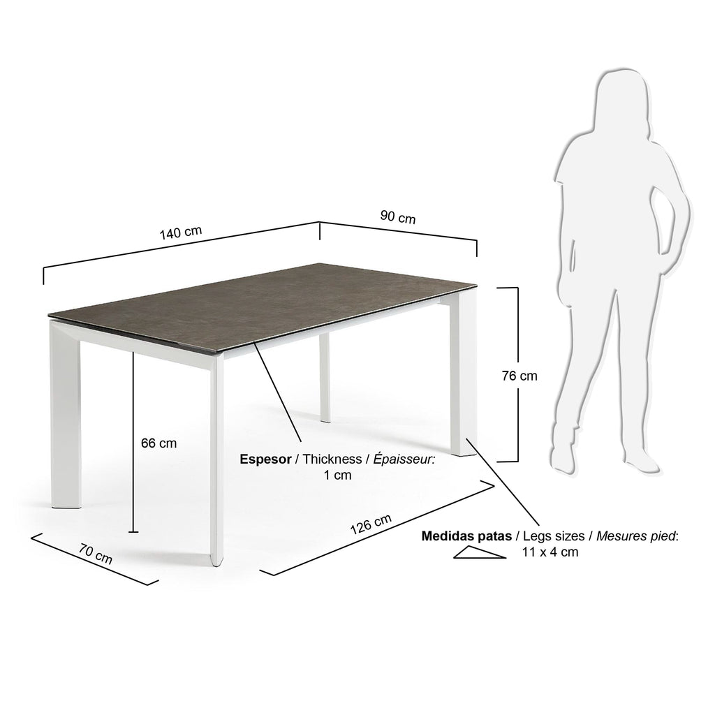 Table extensible Axis grès cérame finition Vulcano Cendrée pieds acier blanc 140(200)cm