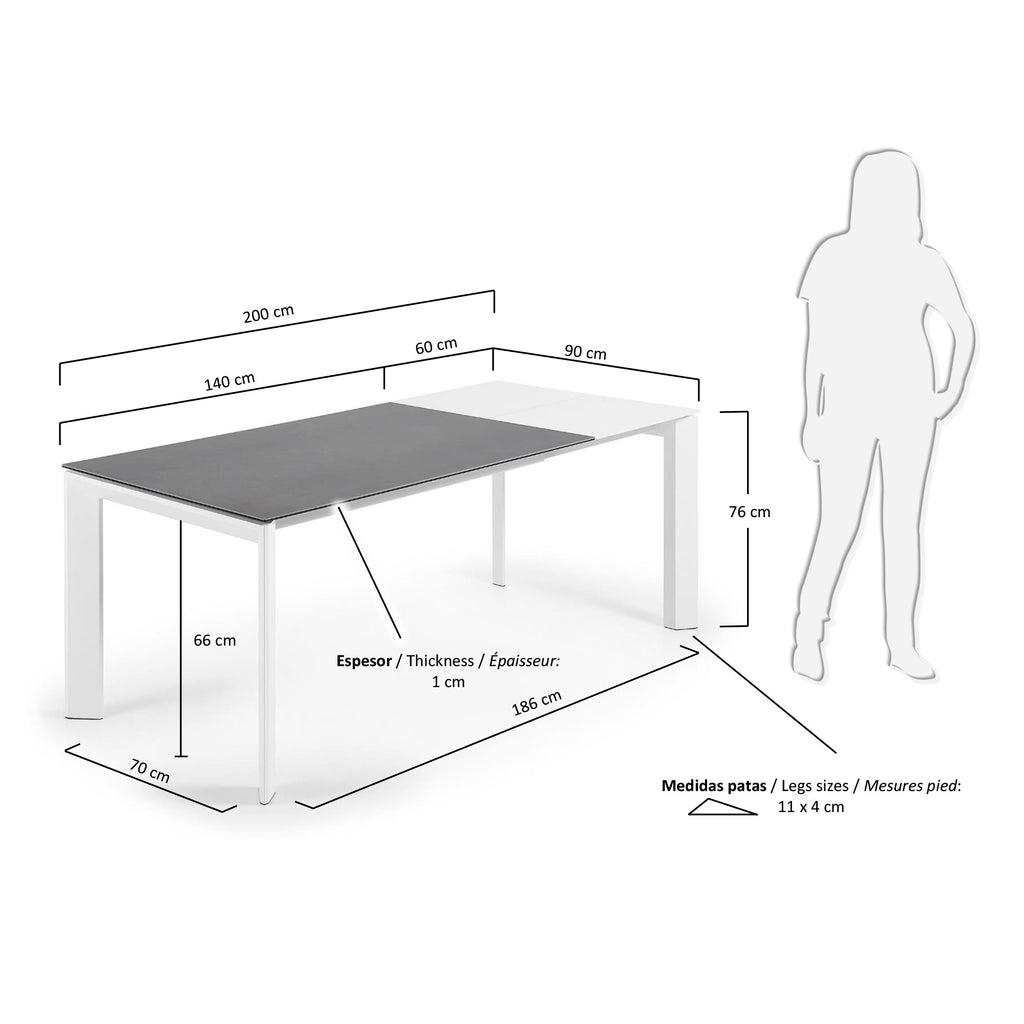 Taula extensible Axis porcellànic acabat Vulcano Roca i potes acer blanc 140 (200) cm