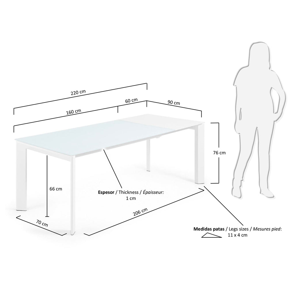 Taula extensible Axis de cristall blanc i potes d'acer acabat blanc 160 (220) cm