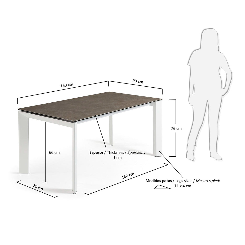 Table extensible Axis grès cérame finition Vulcano Cendrée et pieds acier blanc 160(220)cm