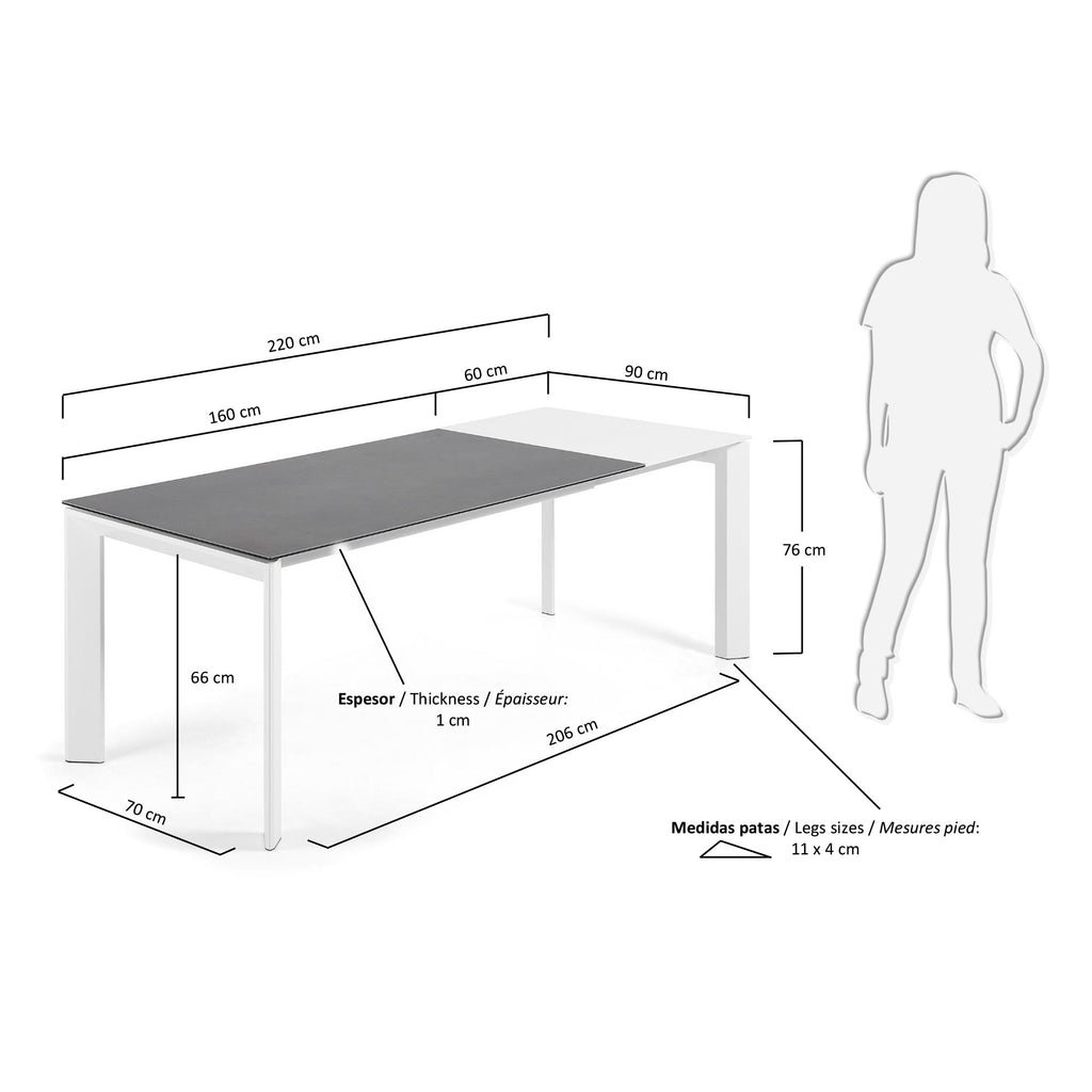 Mesa extensible Axis porcelánico acabado Vulcano Roca patas blanco 160 (220) cm