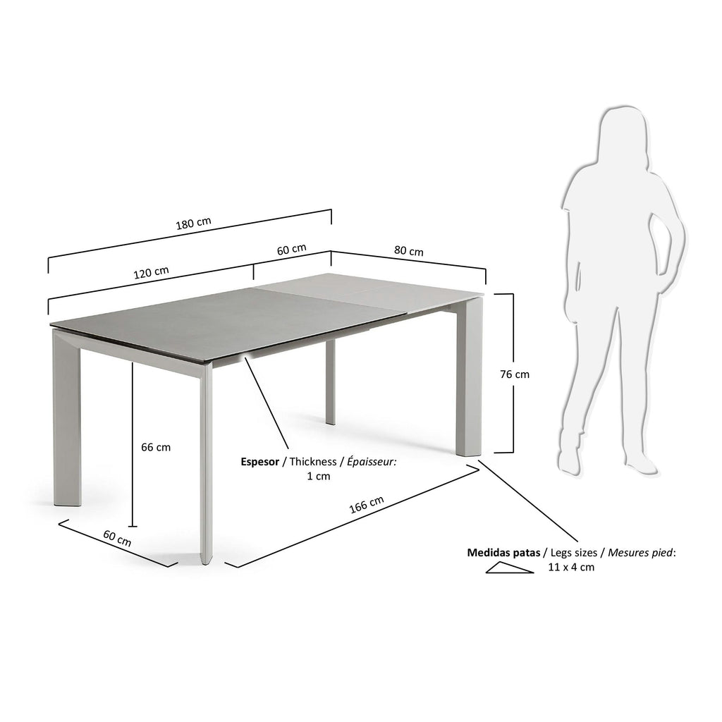 Taula extensible Axis porcellànic acabat Hydra Plom i potes d'acer gris 120 (180) cm