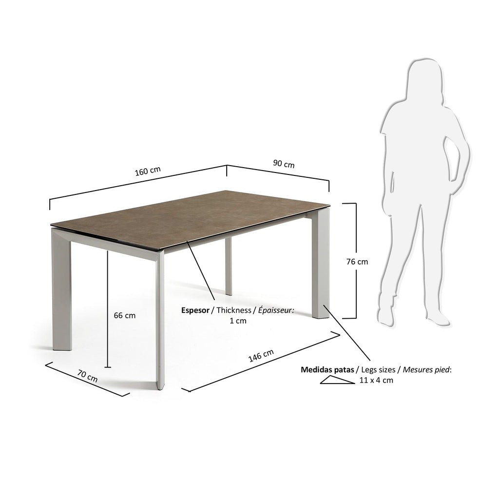 Taula extensible Axis porcellànic acabat Vulcà Cendra i potes d'acer gris 160 (220) cm