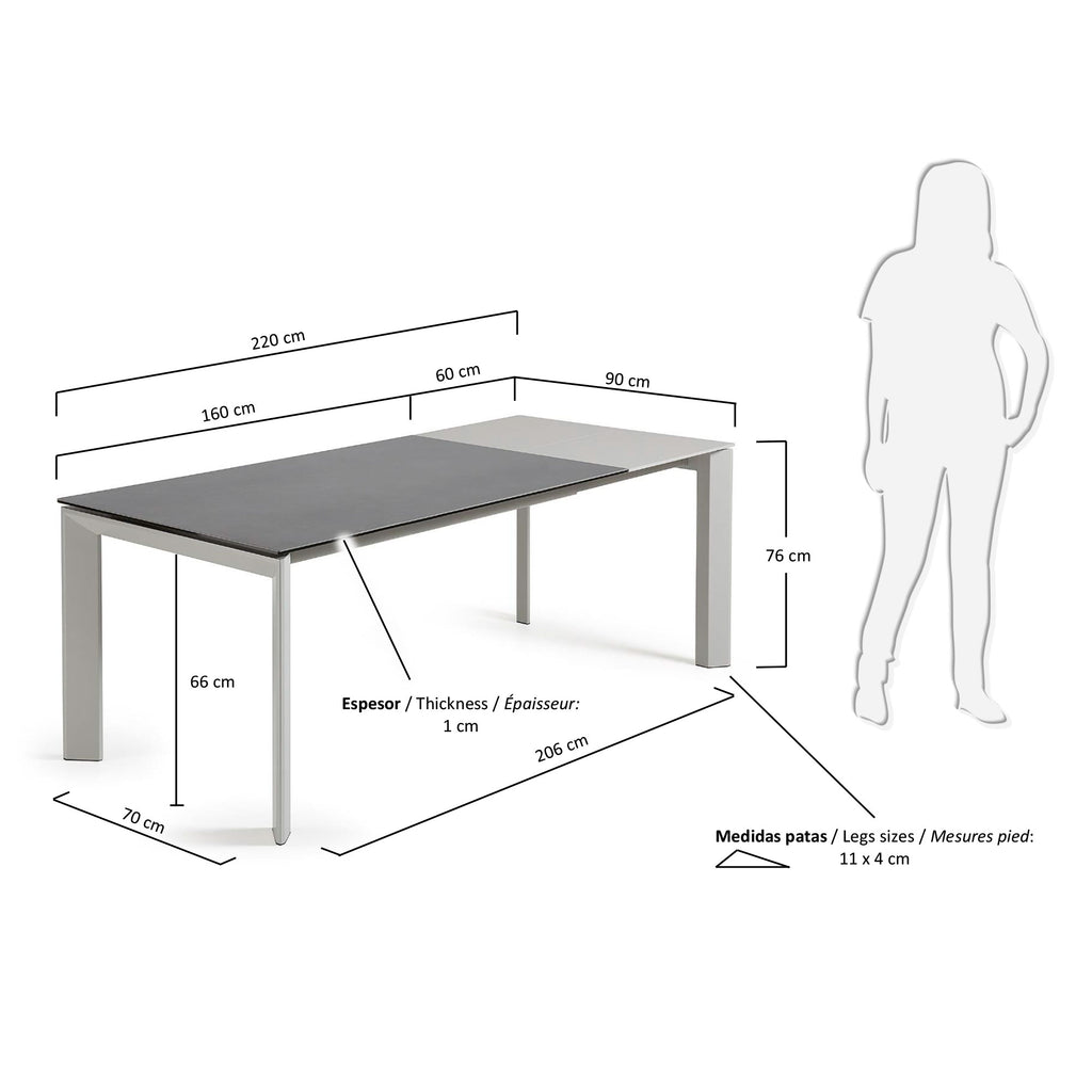 Table extensible Axis grès cérame finition Vulcano Roca pieds gris 160 (220) cm