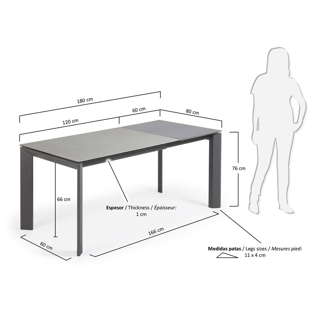 Taula extensible Axis porcellànic acabat Hydra Plom i potes d'acer antracita 120 (180) cm