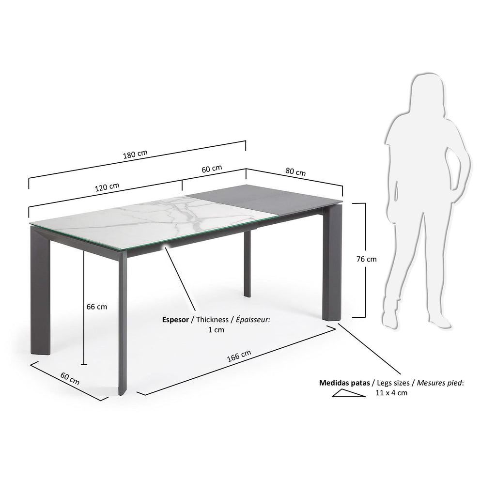 Taula extensible Axis porcellànic acabat Kalos Blanc potes gris fosc 120 (180) cm