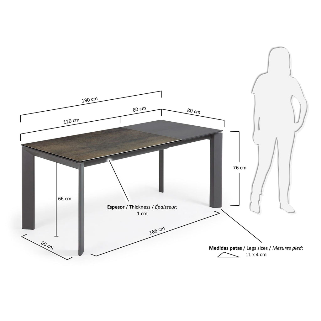 Taula extensible Axis porcellànic acabat Iron Moss i potes acer antracita 120 (180) cm