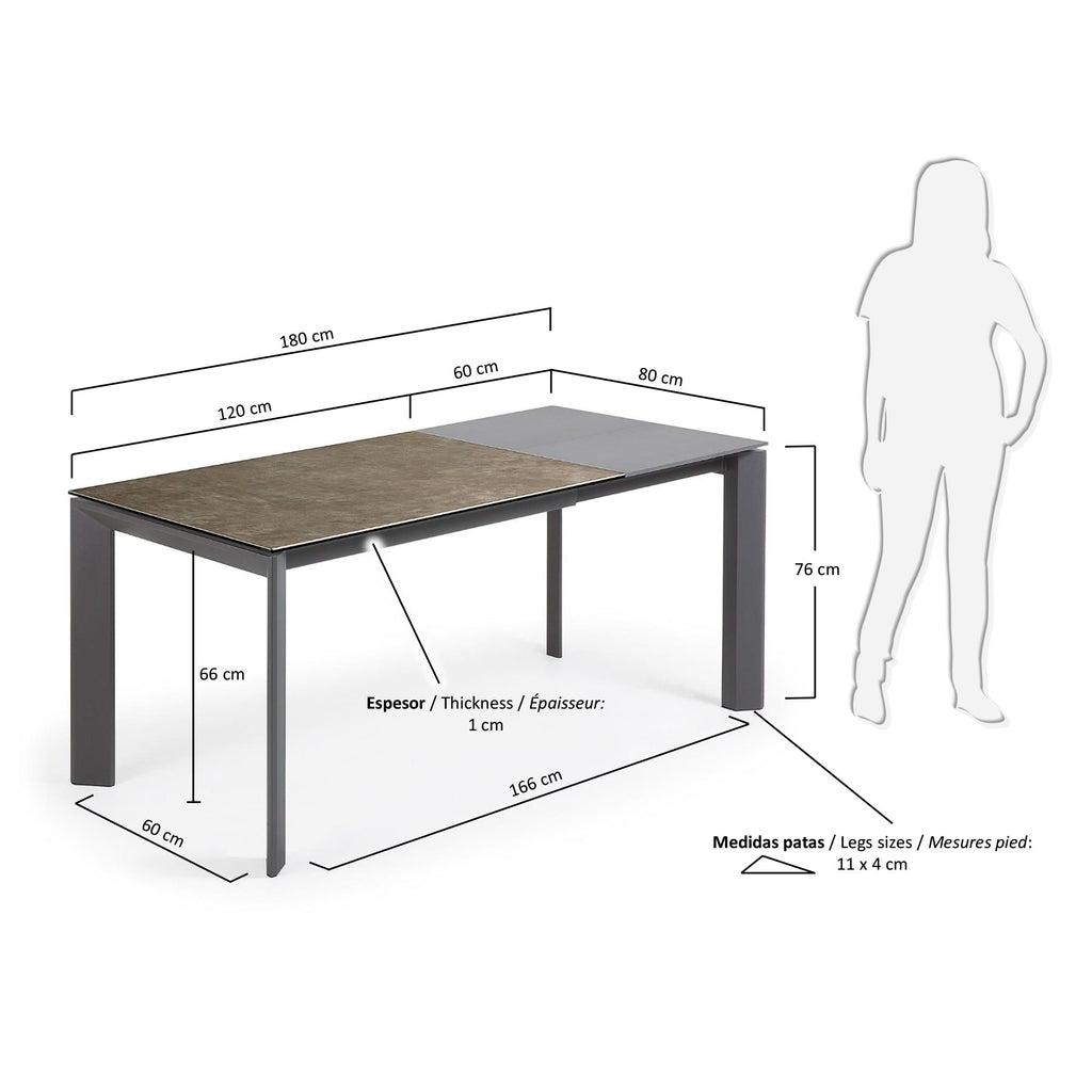 Taula extensible Axis porcellànic acabat Vulcà Cendra potes d'acer antracita 120(180)cm