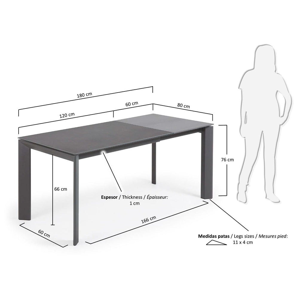 Taula extensible Axis porcellànic acabat Vulcano Roca potes d'acer gris fosc 120 (180) cm