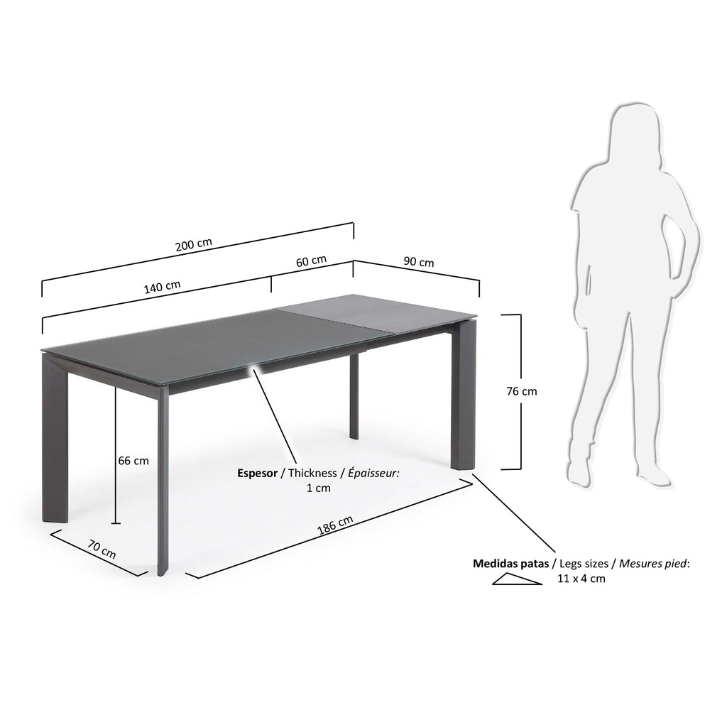 Taula extensible Axis de vidre gris i potes d'acer acabat gris fosc 140 (200) cm