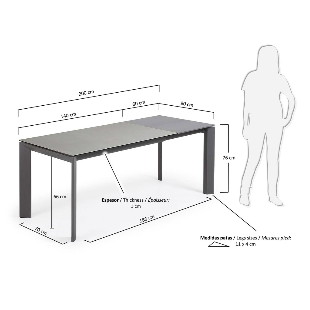 Taula extensible Axis porcellànic acabat Hydra Plom i potes acer antracita 140 (200) cm