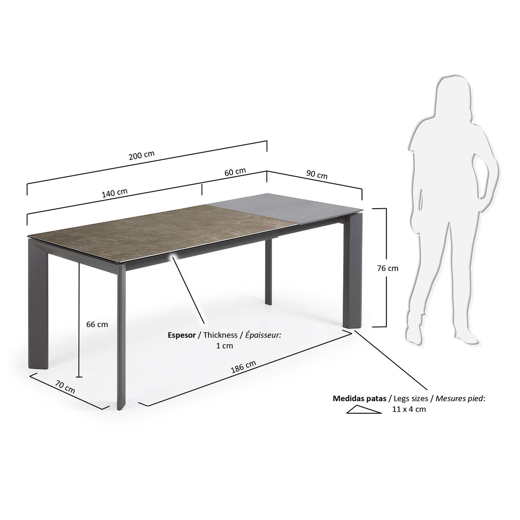 Taula extensible Axis porcellànic acabat Vulcano Cendra potes acer antracita 140 (200) cm