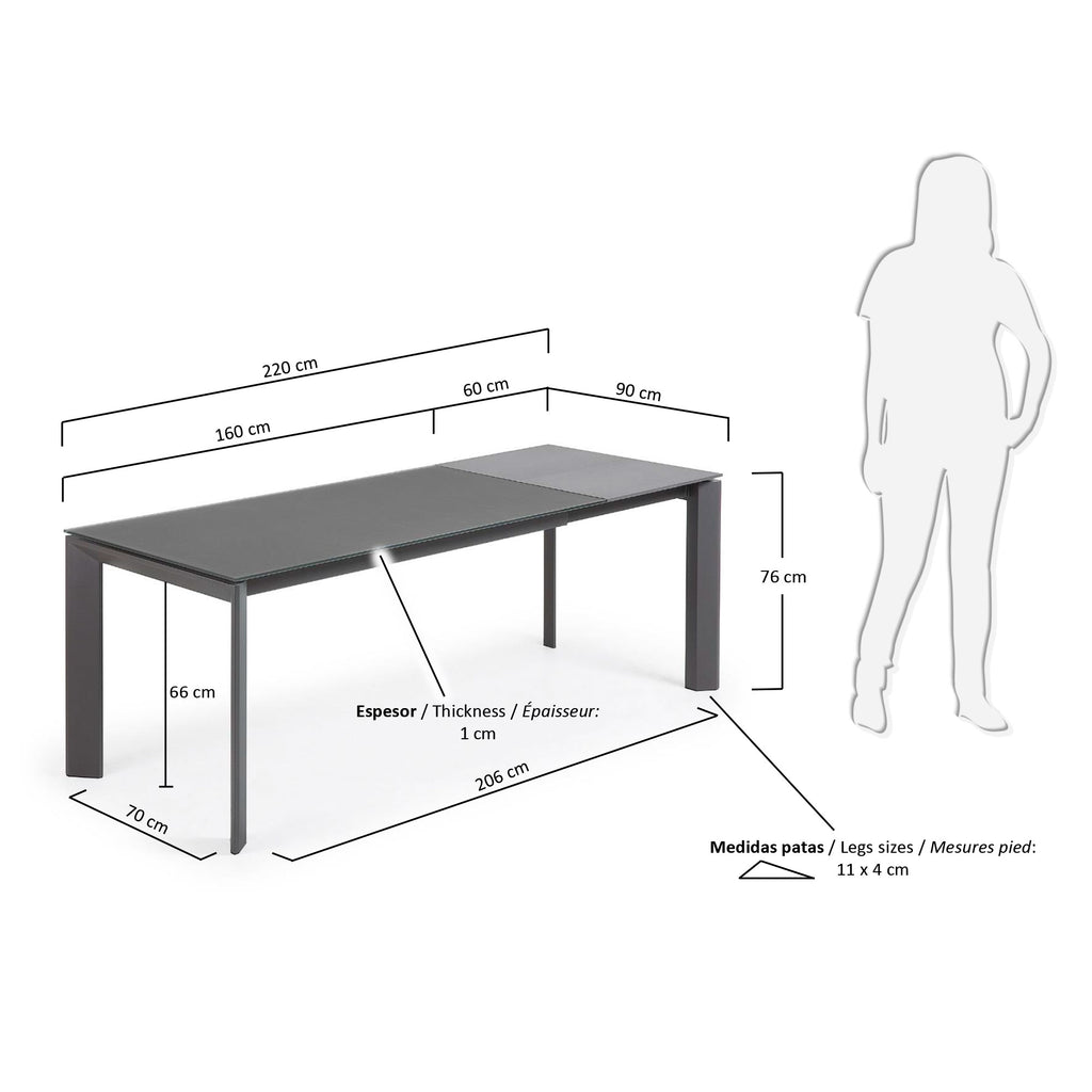 Taula extensible Axis de vidre gris i potes d'acer acabat gris fosc 160 (220) cm